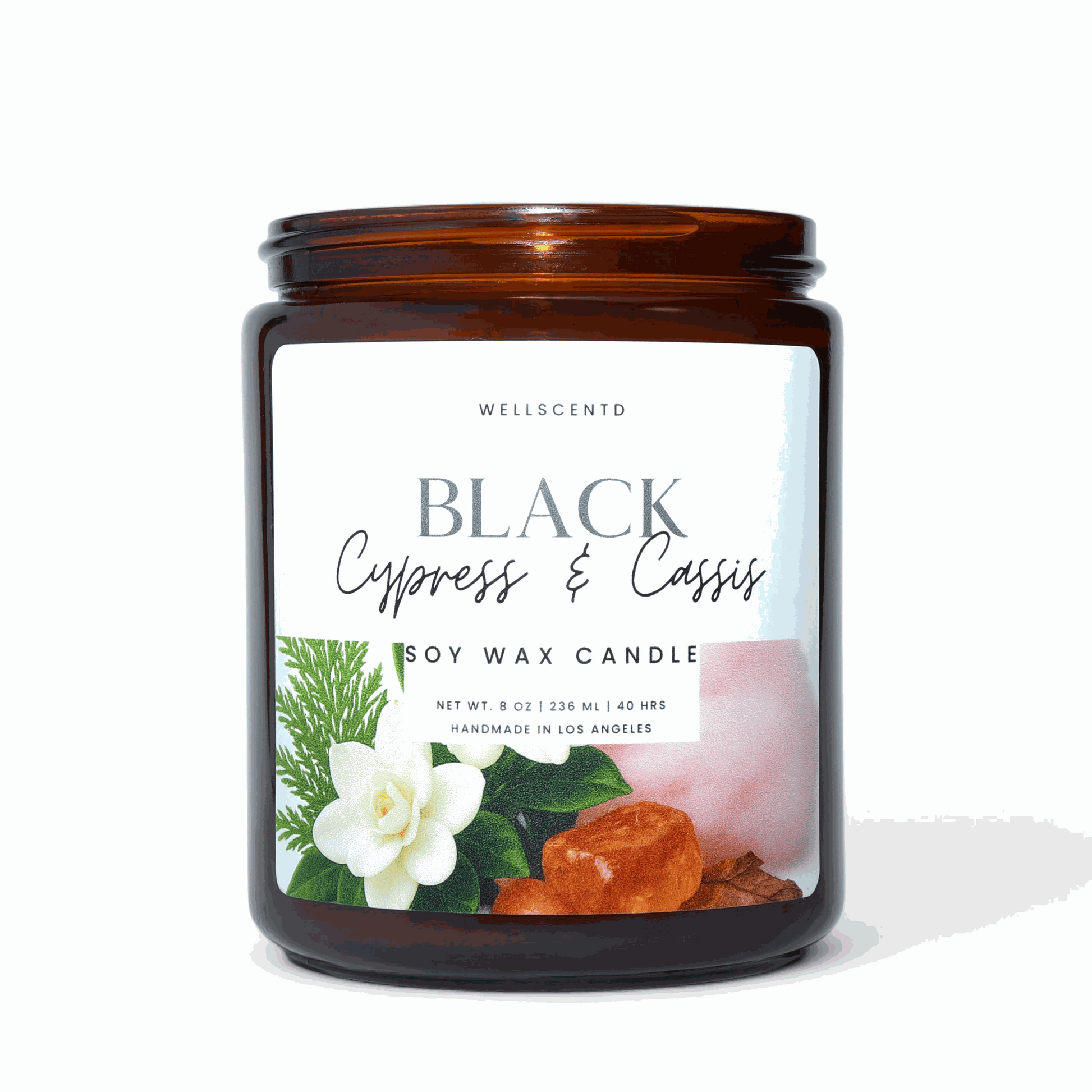 Wellscentd Black Cypress & Cassis soy wax candle in amber jar with floral and wood accents, 8oz, clean-burning and long-lasting fragrance