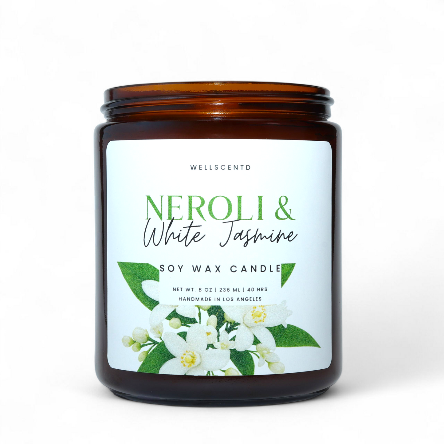 Wellscentd Neroli & White Jasmine Candle in matte black jar with white label featuring jasmine flowers.