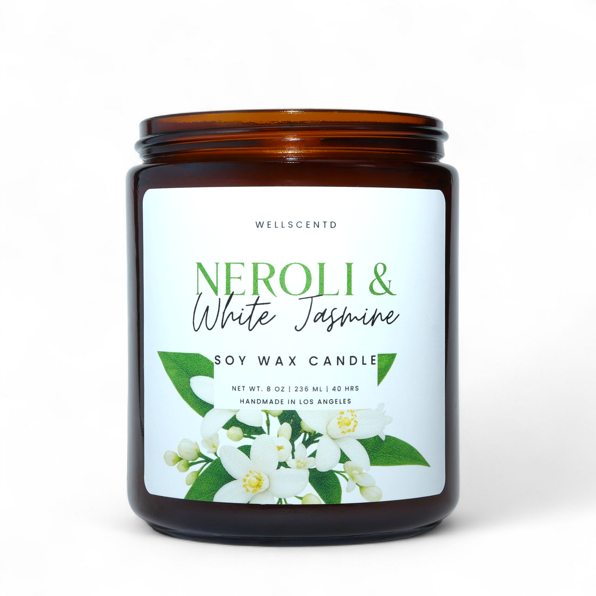 Wellscentd Neroli & White Jasmine Candle in matte black jar with white label featuring jasmine flowers.