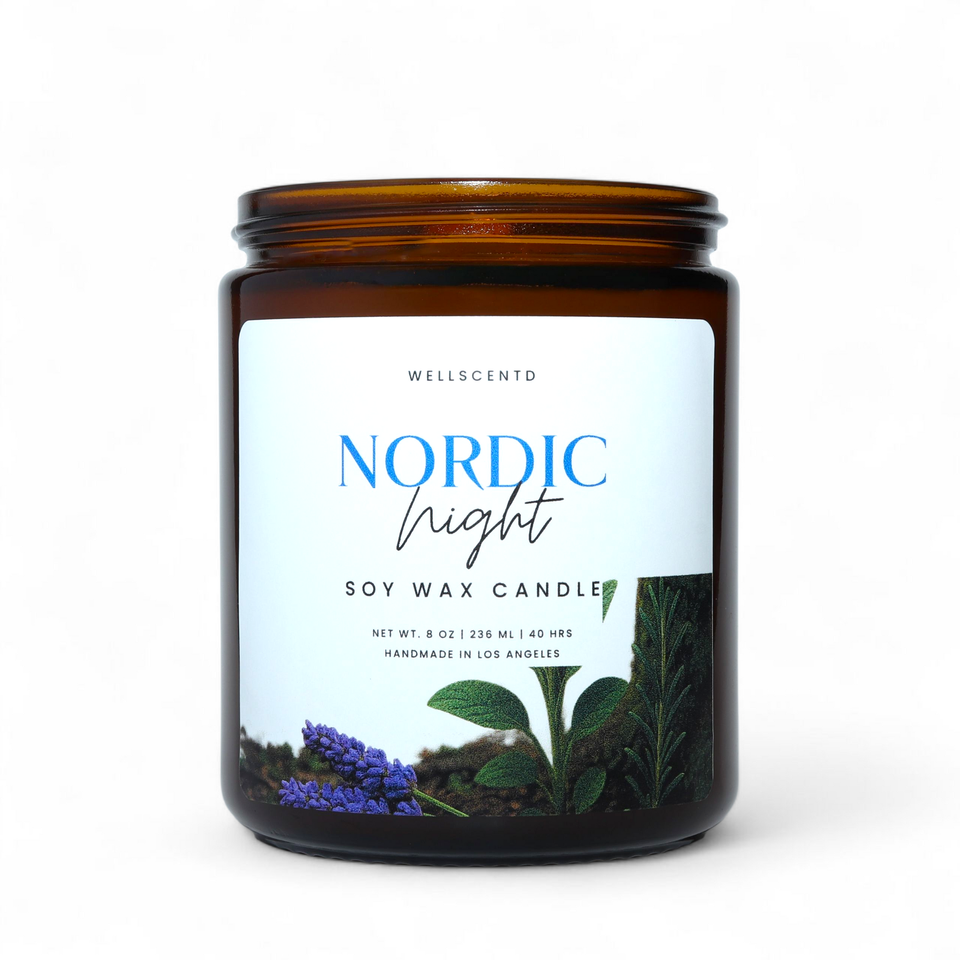 Soy wax candle jar labeled 'Nordic Night' by Wellscento on a white background