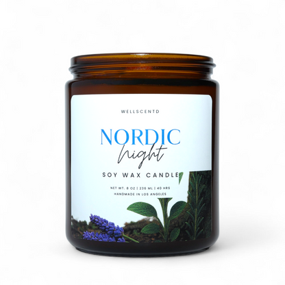 Soy wax candle jar labeled 'Nordic Night' by Wellscento on a white background