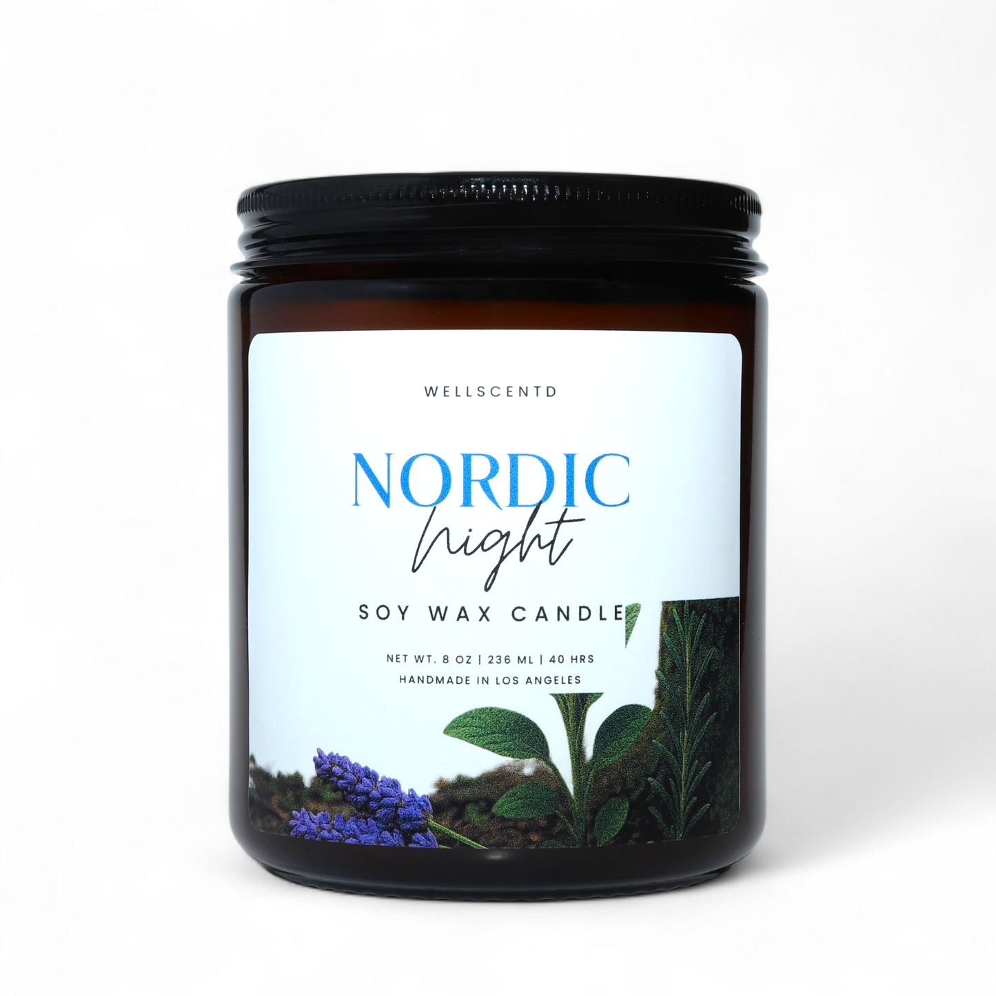 Wellscentd Nordic Night soy wax candle on a white background