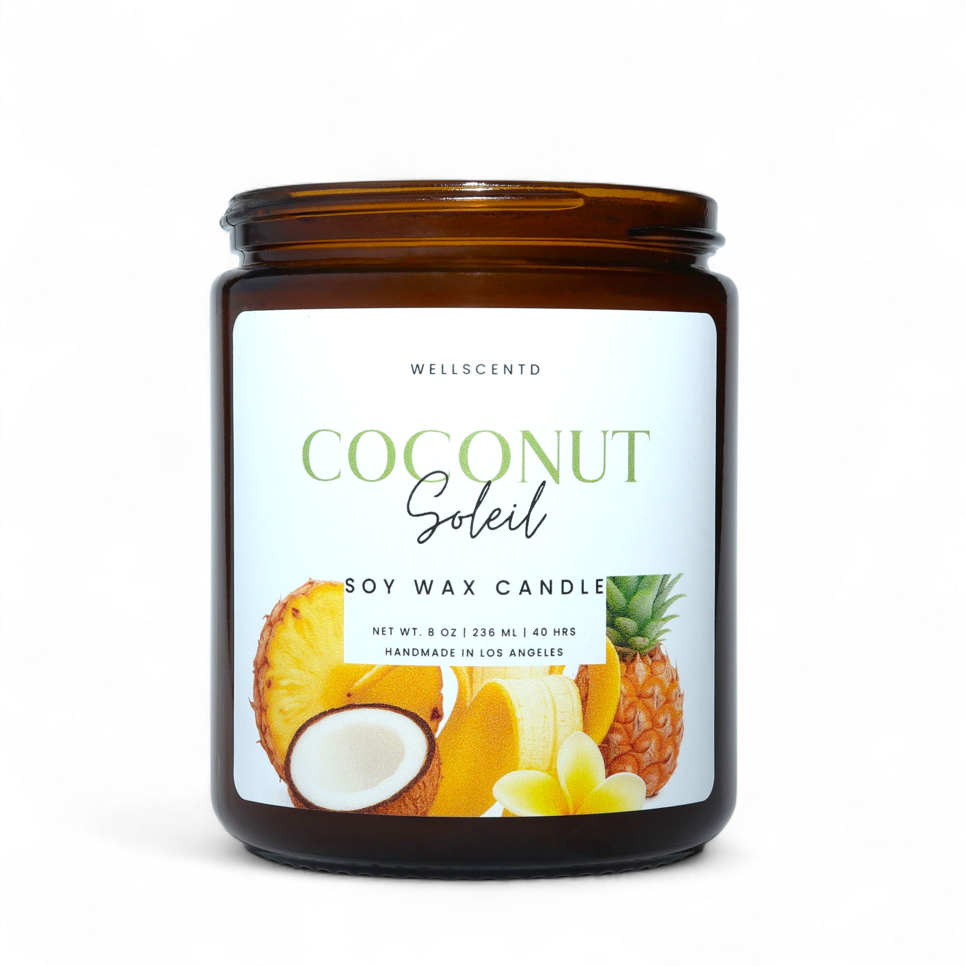 Coconut Soleil soy wax candle with a label on a white background