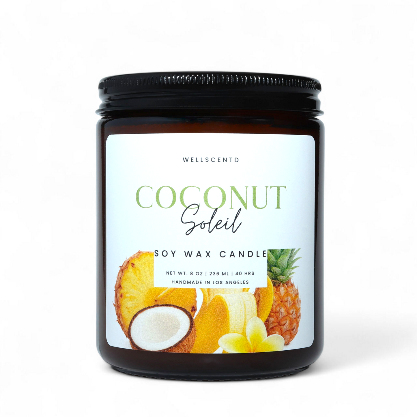 Coconut Soleil soy wax candle with pineapple and coconut graphics on a white background