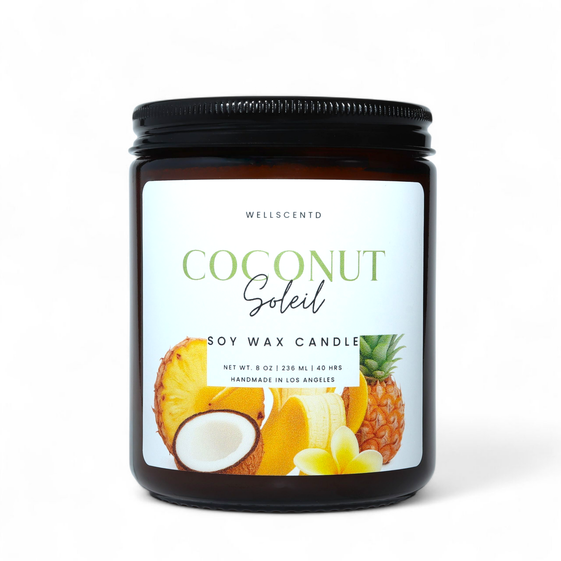 Coconut Soleil soy wax candle with pineapple and coconut graphics on a white background