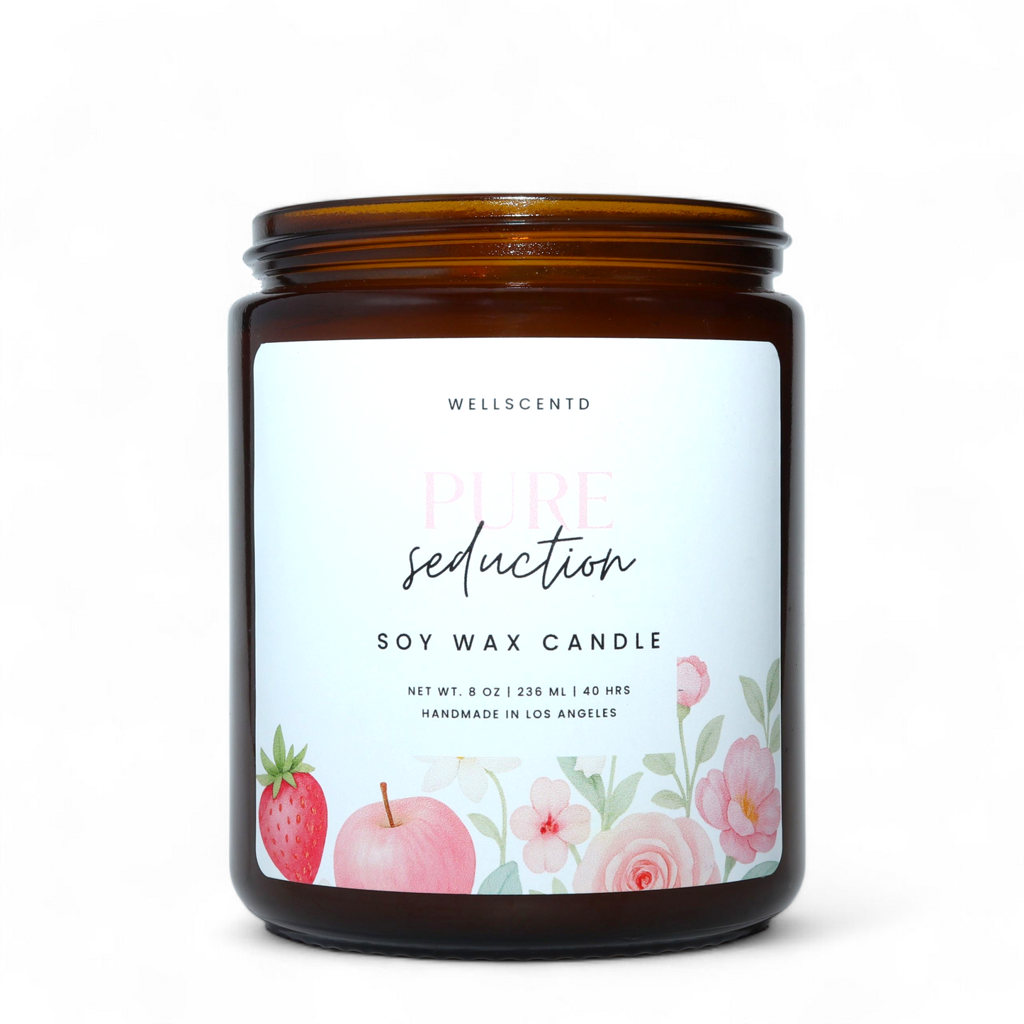 Soy wax candle with a floral label on a white background