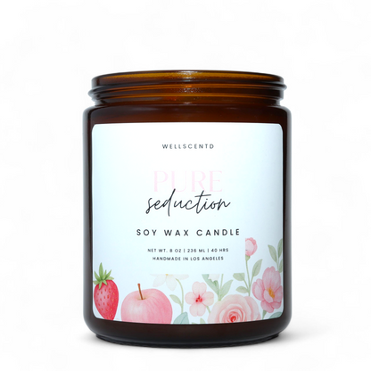 Soy wax candle with a floral label on a white background