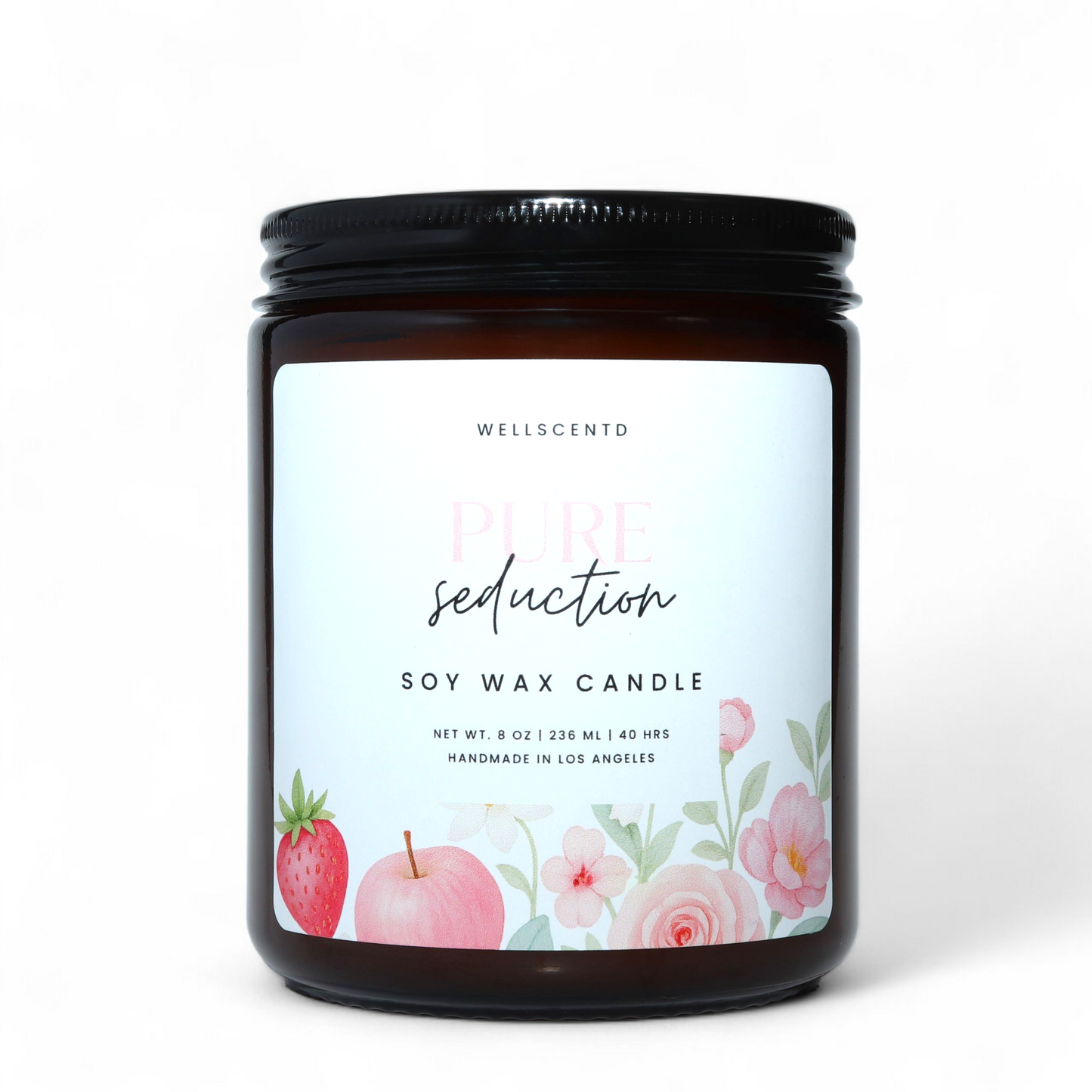 Soy wax candle with a floral label on a white background