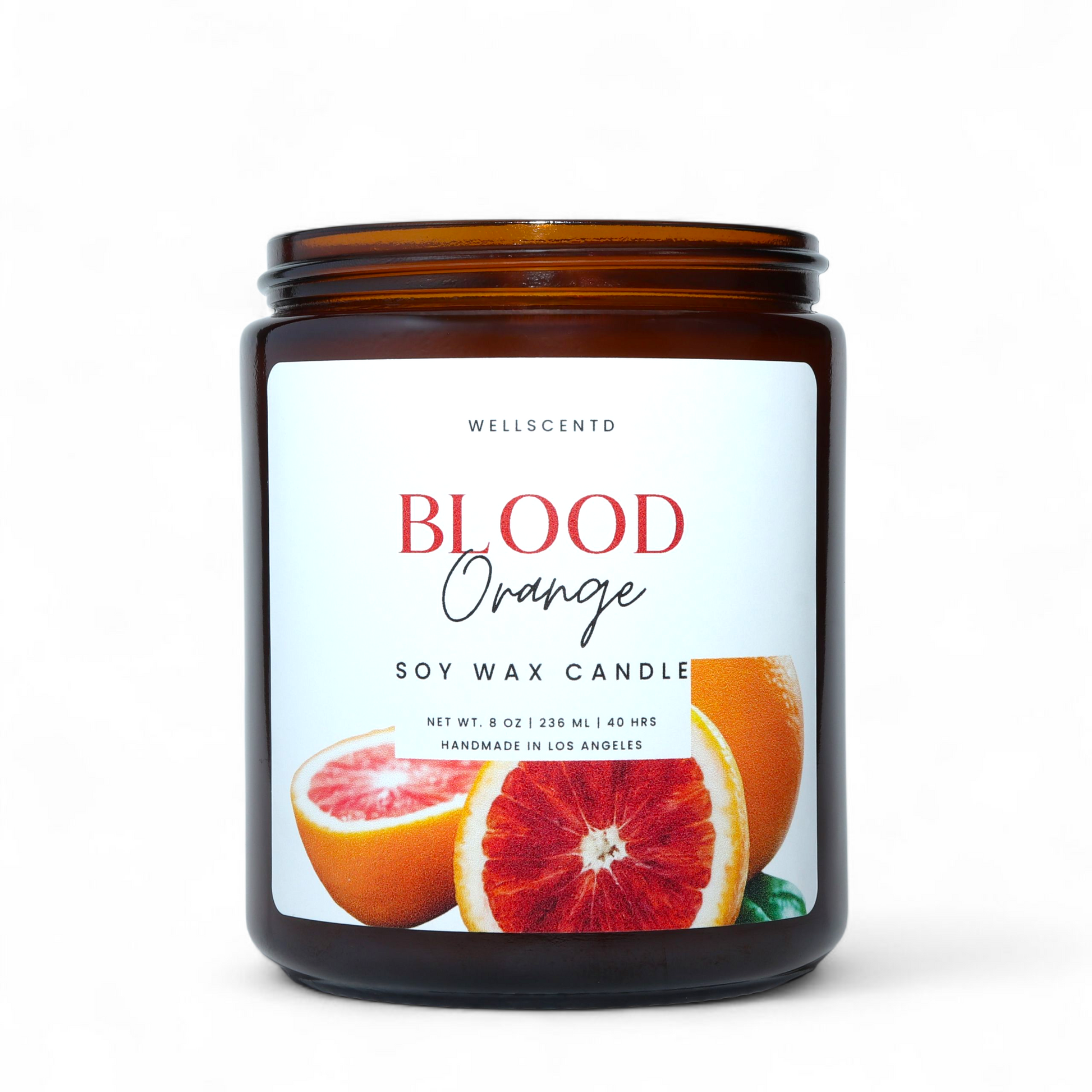 Blood Orange soy wax candle with a label on a white background