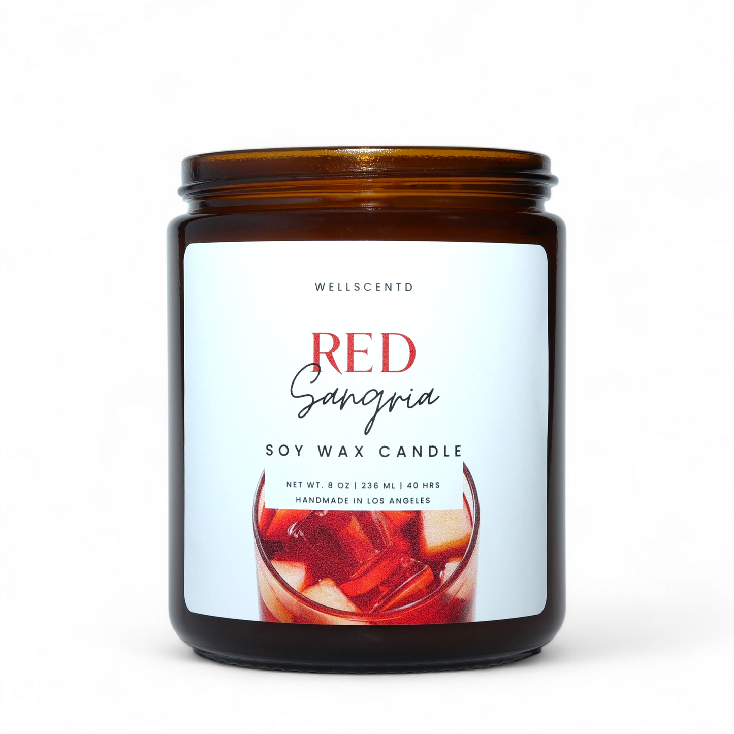 Wellscento Red Sangria soy wax candle with a label on a white background