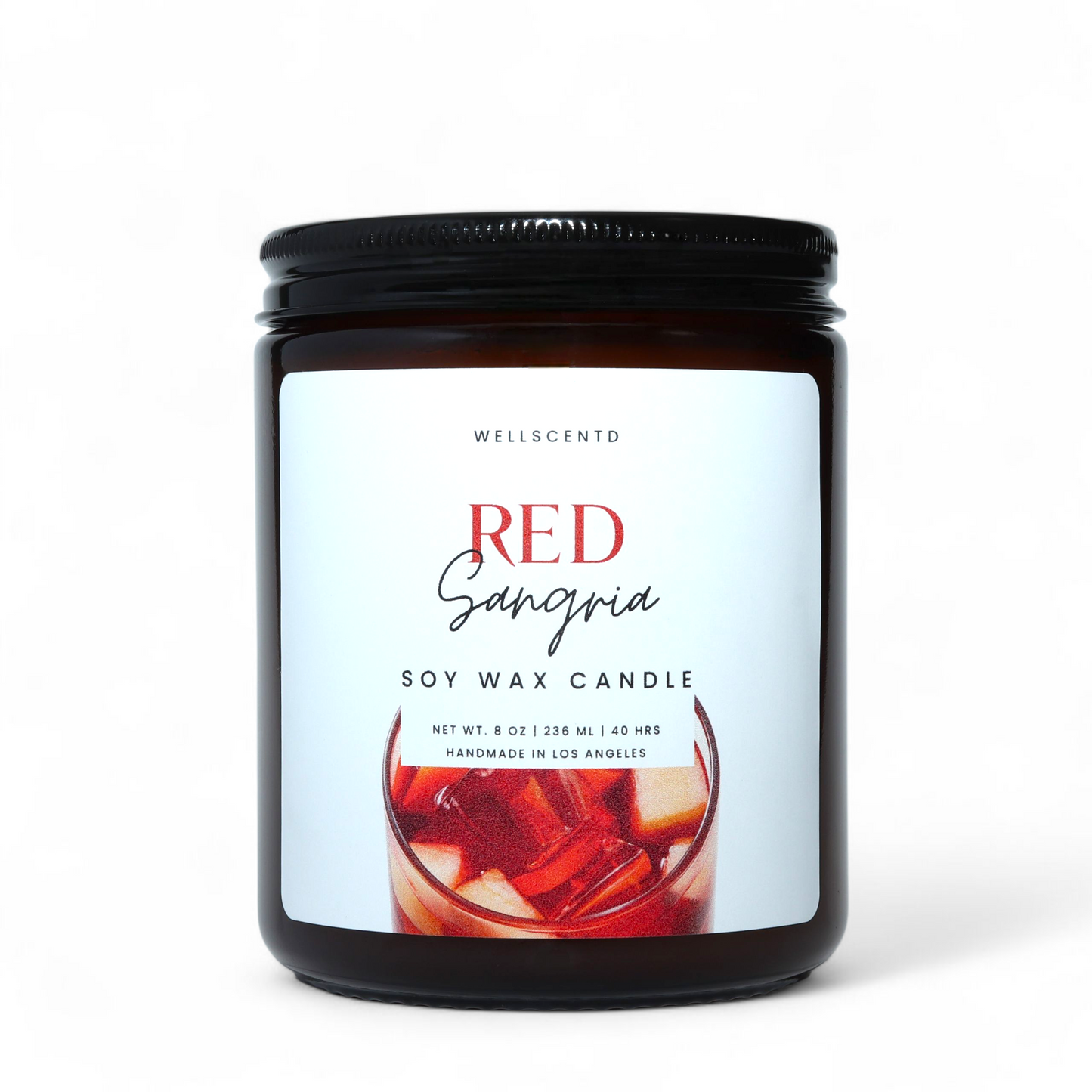 Soy wax candle labeled 'Red Sangria' by Wellscentd on a white background