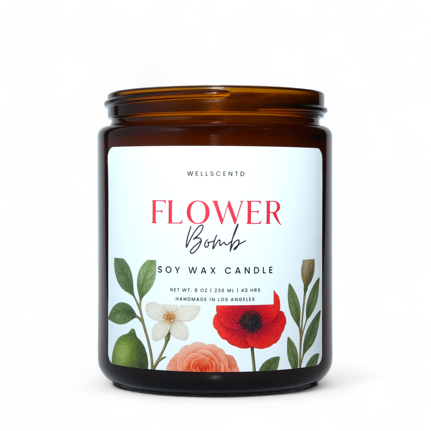 Soy wax candle labeled 'Flower Bomb' with floral design on a white background
