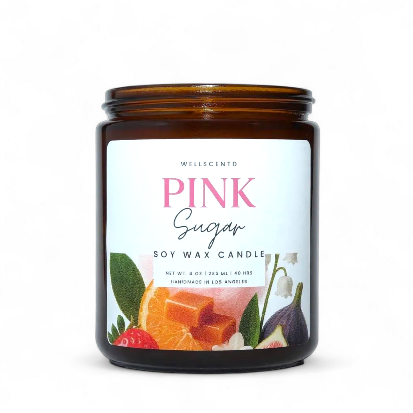 Soy wax candle with a decorative label on a white background