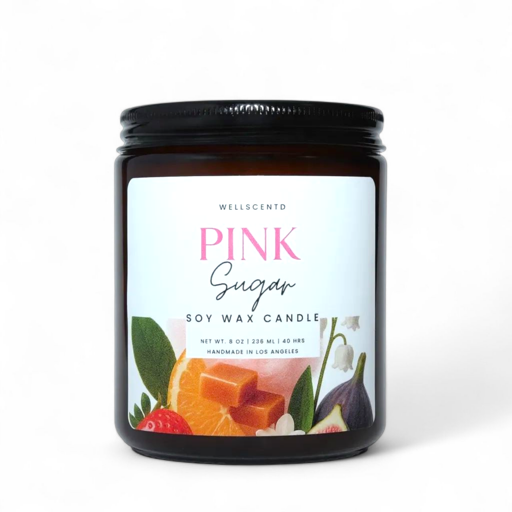 Soy wax candle labeled 'Pink Sugar' with a decorative label on a white background