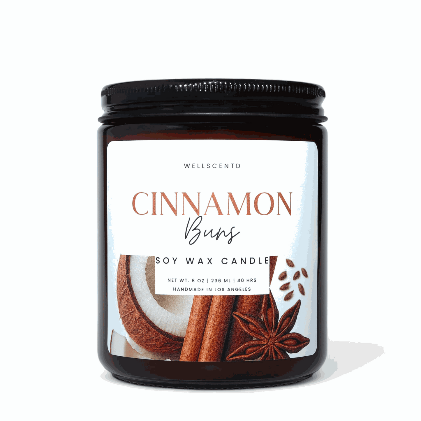 Wellscentd Cinnamon Buns Candle soy wax jar with cinnamon and anise on label, cozy bakery scent