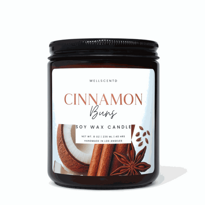 Wellscentd Cinnamon Buns Candle soy wax jar with cinnamon and anise on label, cozy bakery scent