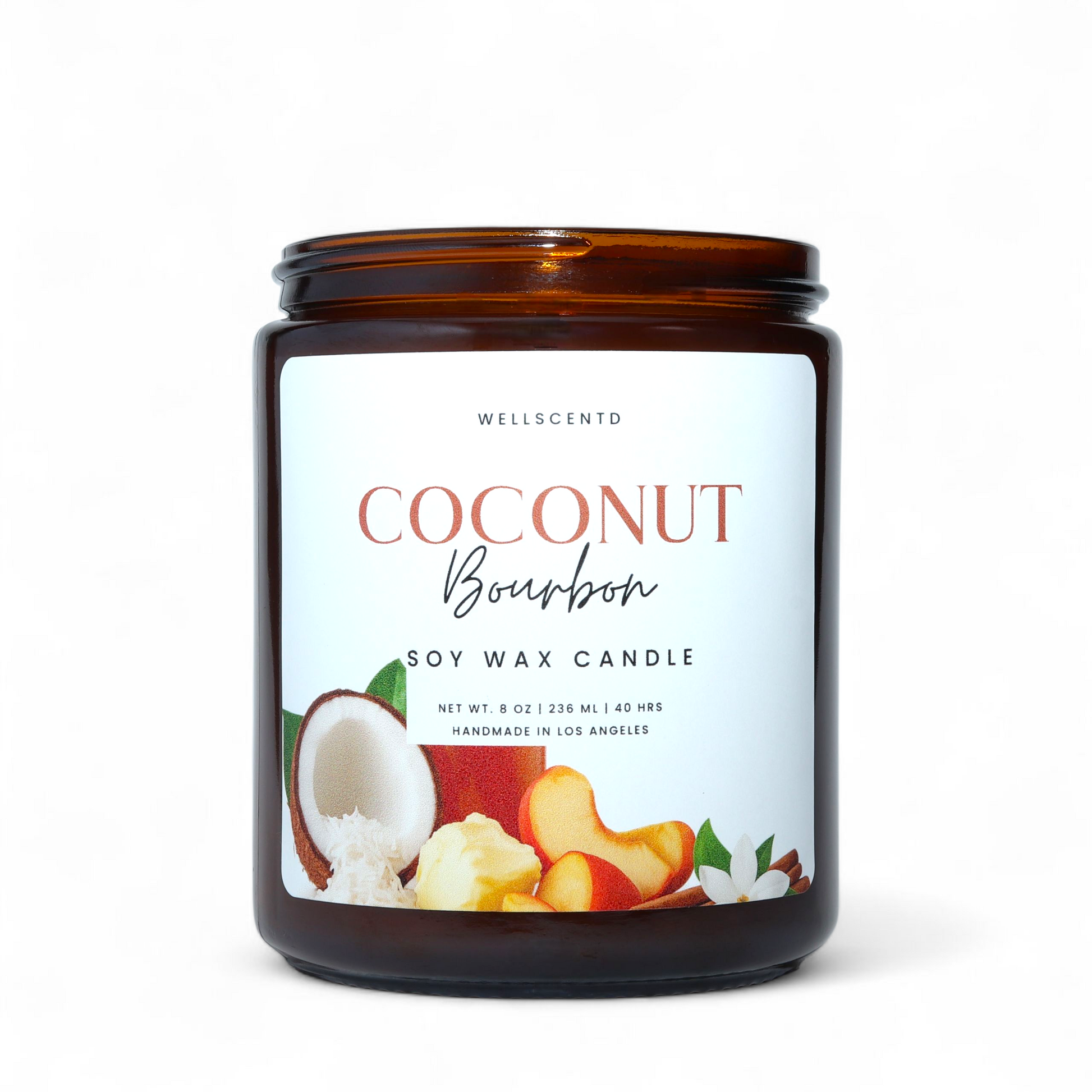 Coconut Bourbon soy wax candle with a label on a white background