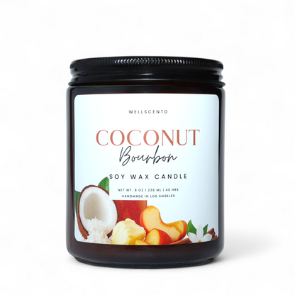 Coconut Bourbon soy wax candle with a label on a white background