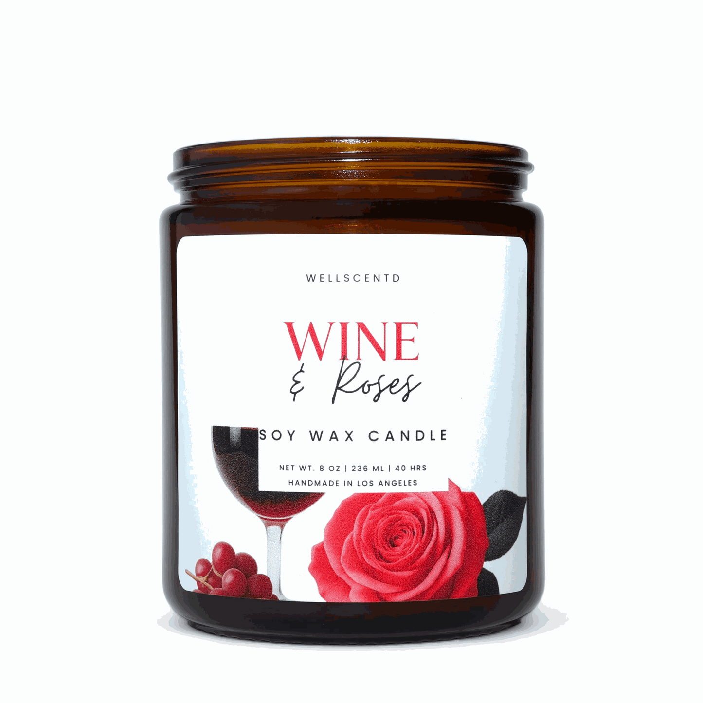 Wellscentd Wine & Roses candle in amber jar with red rose and wine glass illustration, soy wax, romantic scent