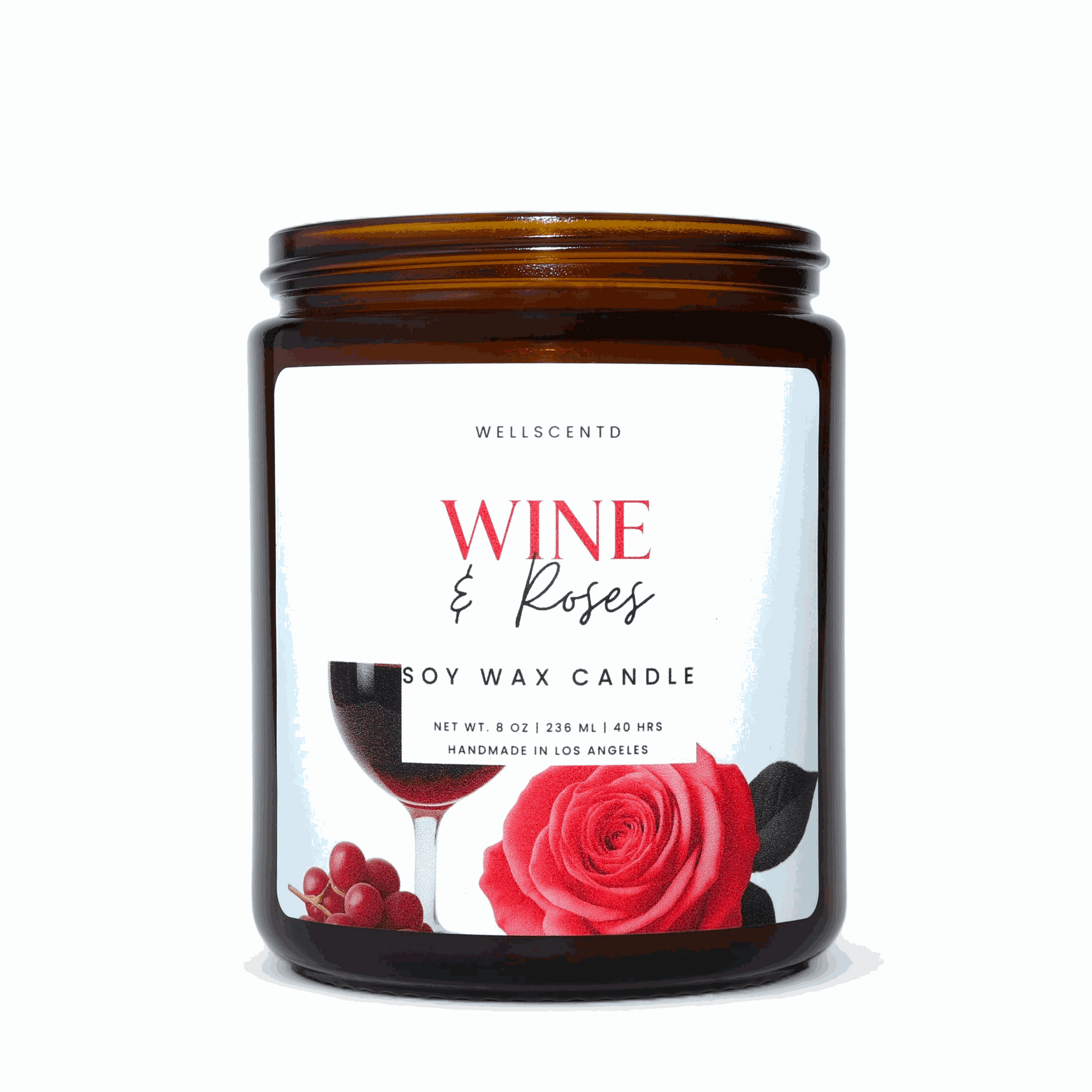 Wellscentd Wine & Roses candle in amber jar with red rose and wine glass illustration, soy wax, romantic scent