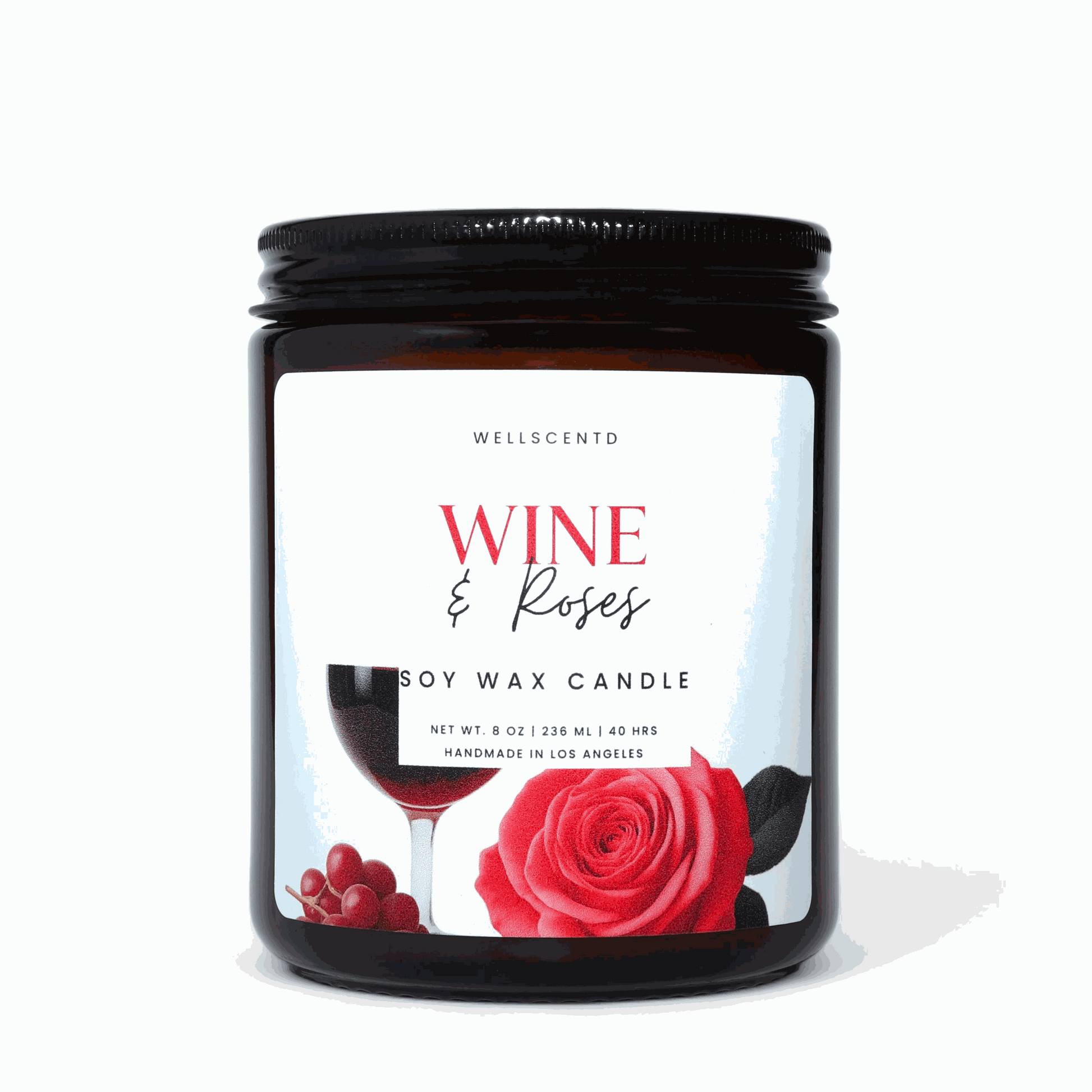 Wellscentd Wine & Roses soy wax candle with red wine and Damask rose scent in brown jar