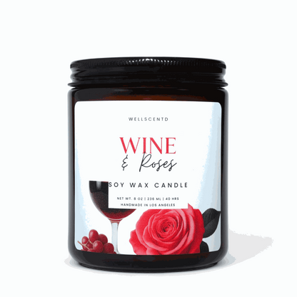 Wellscentd Wine & Roses soy wax candle with red wine and Damask rose scent in brown jar