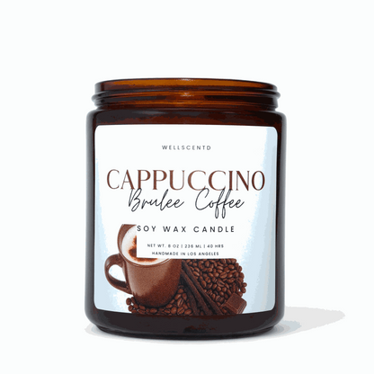 Wellscentd Cappuccino Brûlée coffee soy wax candle with coffee and caramelized sugar scent in amber jar
