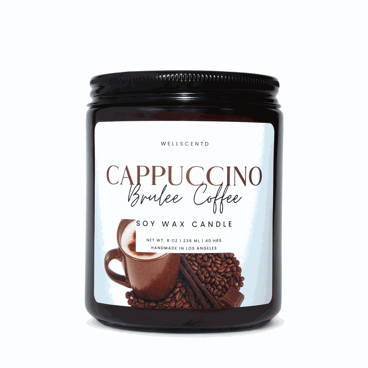 Cappuccino Brûlée coffee scented soy wax candle with caramel and vanilla cream fragrance in amber jar