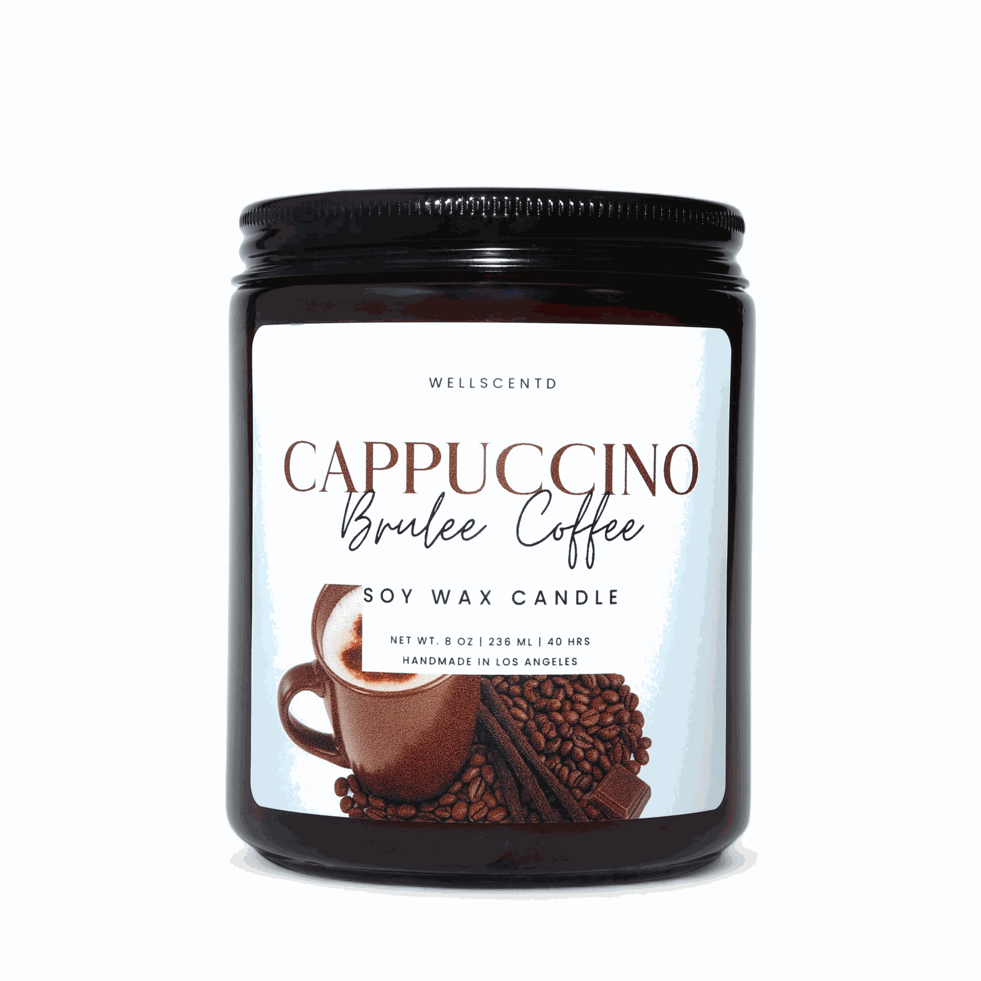 Cappuccino Brûlée coffee scented soy wax candle with caramel and vanilla cream fragrance in amber jar