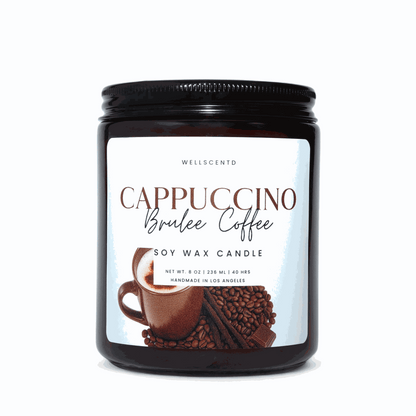 Cappuccino Brûlée coffee scented soy wax candle with caramel and vanilla cream fragrance in amber jar