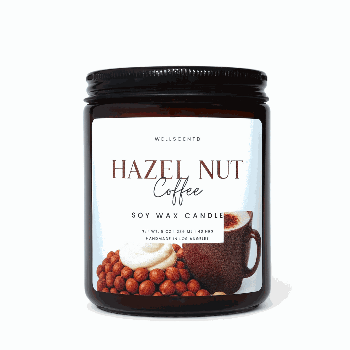 Hazelnut coffee scented soy wax candle with creamy, nutty fragrance in amber jar