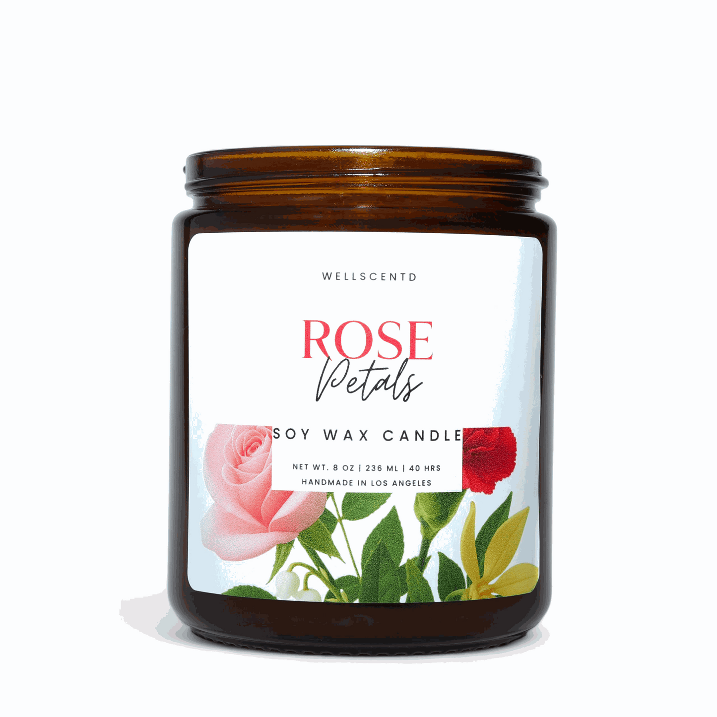 Soy wax candle with a 'Rose Petals' label featuring rose illustrations on a white background.