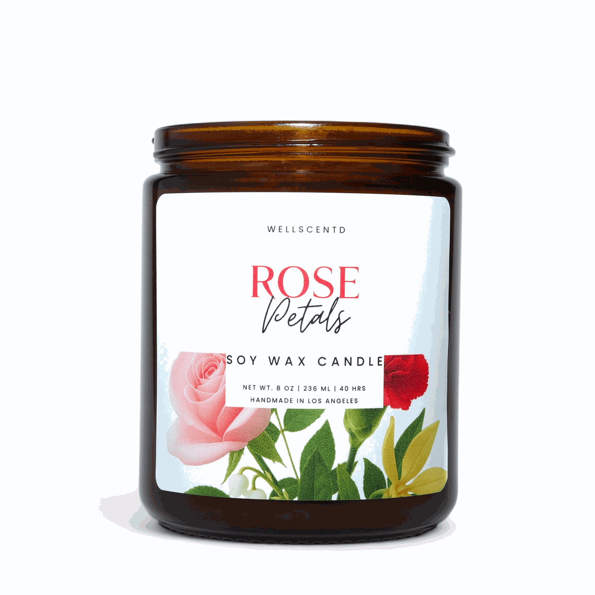 Soy wax candle with a 'Rose Petals' label featuring rose illustrations on a white background.