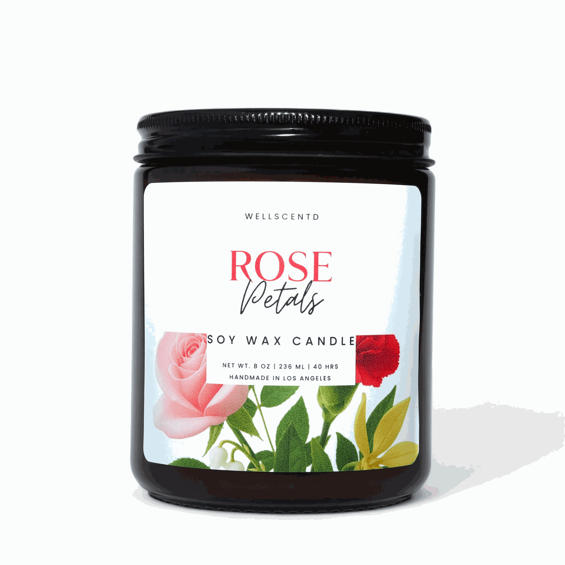 Soy wax candle jar with a floral label on a white background