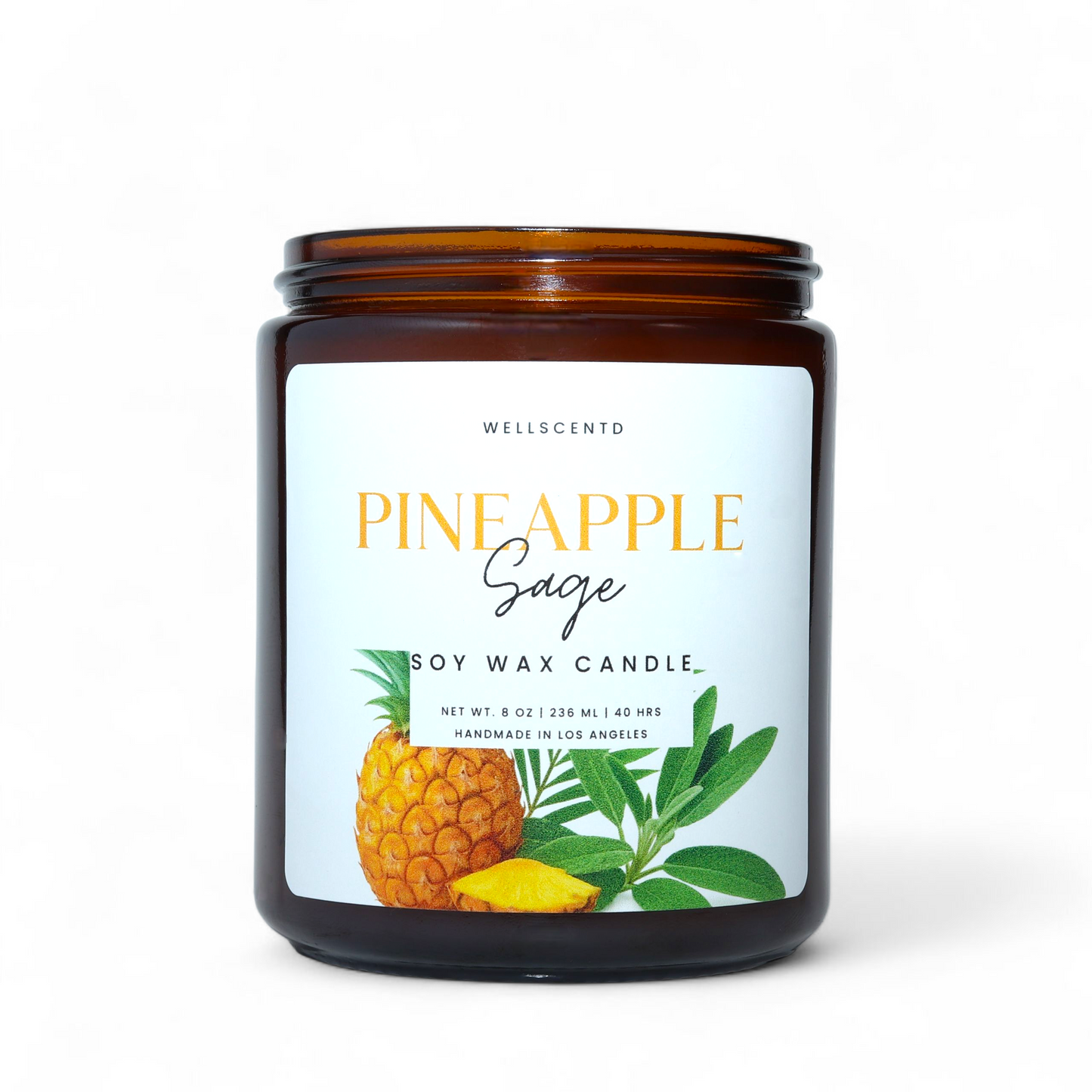 Soy wax candle with pineapple and sage design on a white background