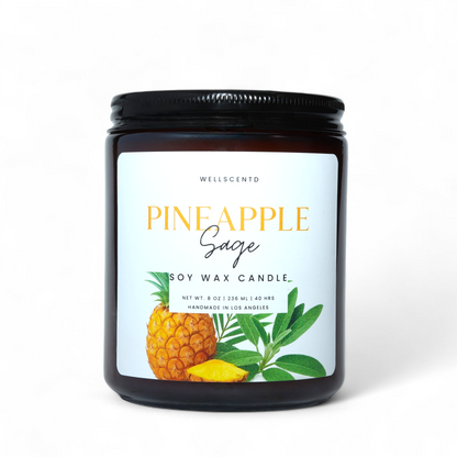 Soy wax candle labeled 'Pineapple Sage' by Wellscento on a white background