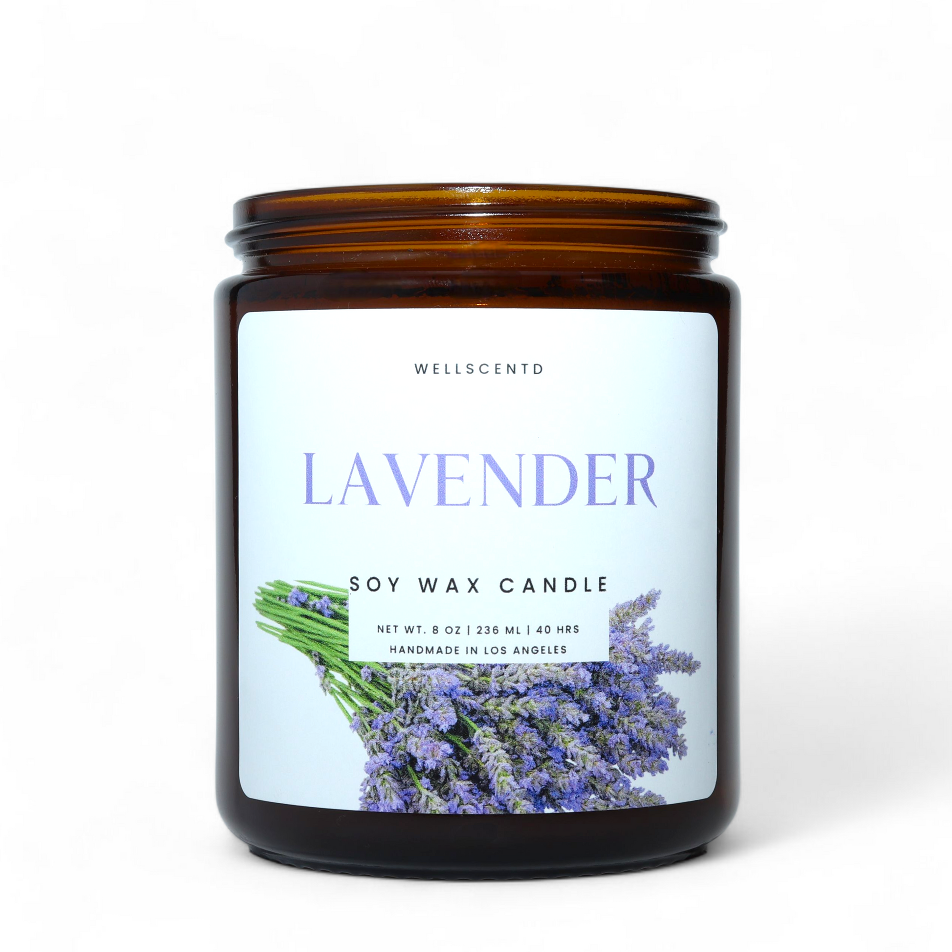 Lavender soy wax candle with a label on a white background