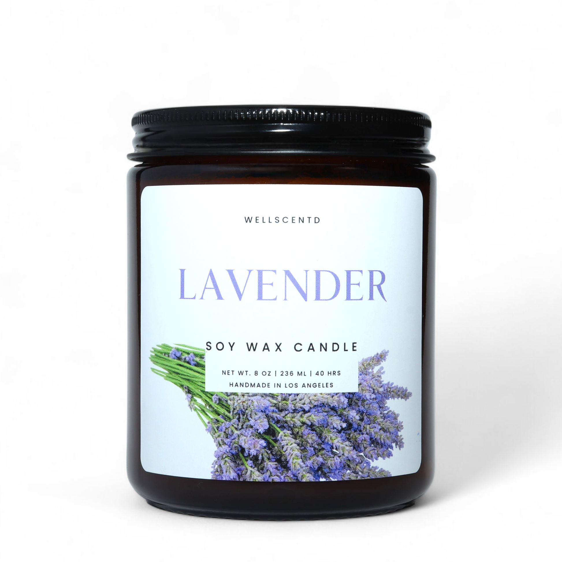 Lavender soy wax candle with a label on a white background
