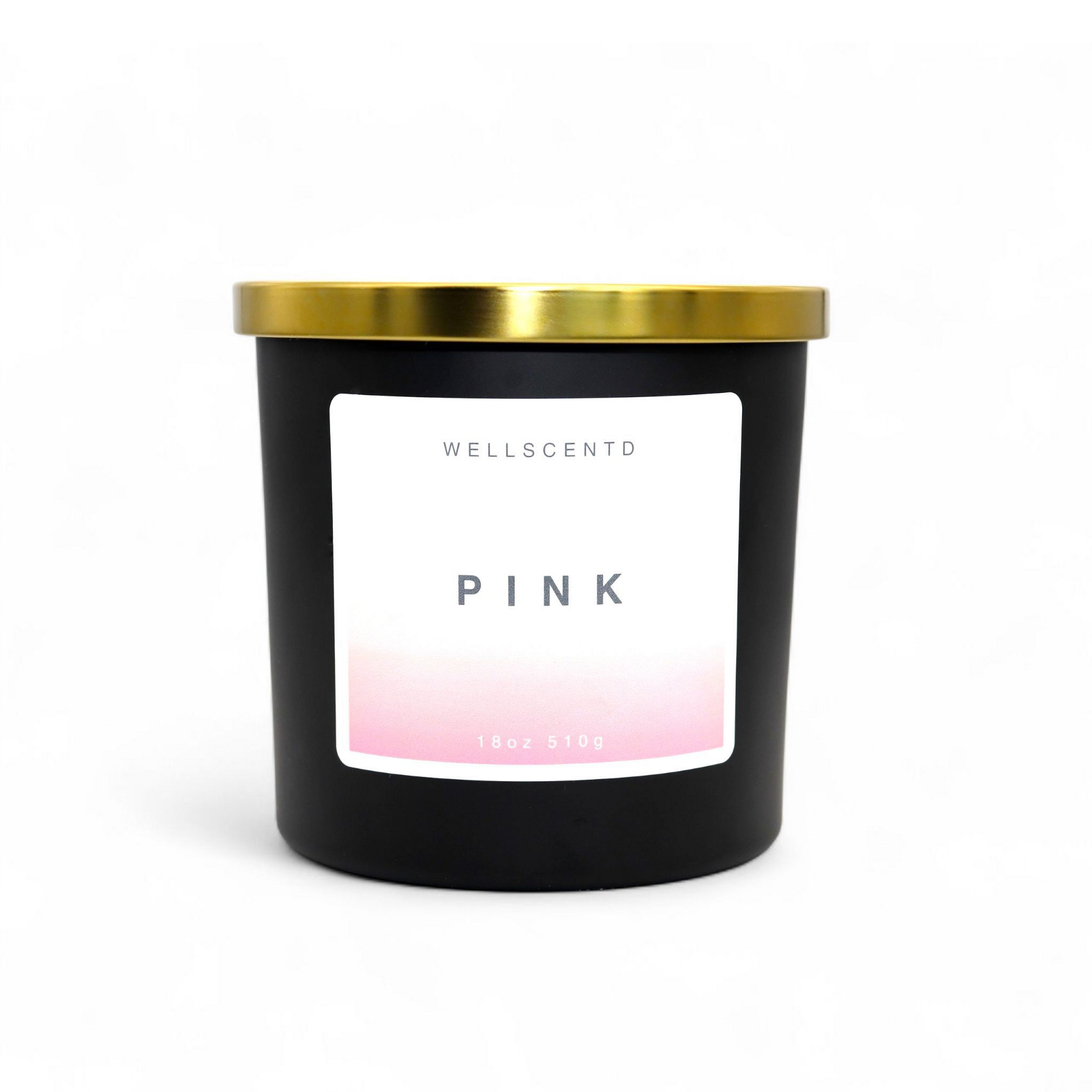 WellScentd Pink luxury candle in a matte black glass jar with a soft pink gradient label – 18oz coconut soy candle, minimal design, white background product photo.