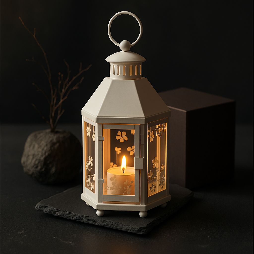 White lantern with floral cutouts 