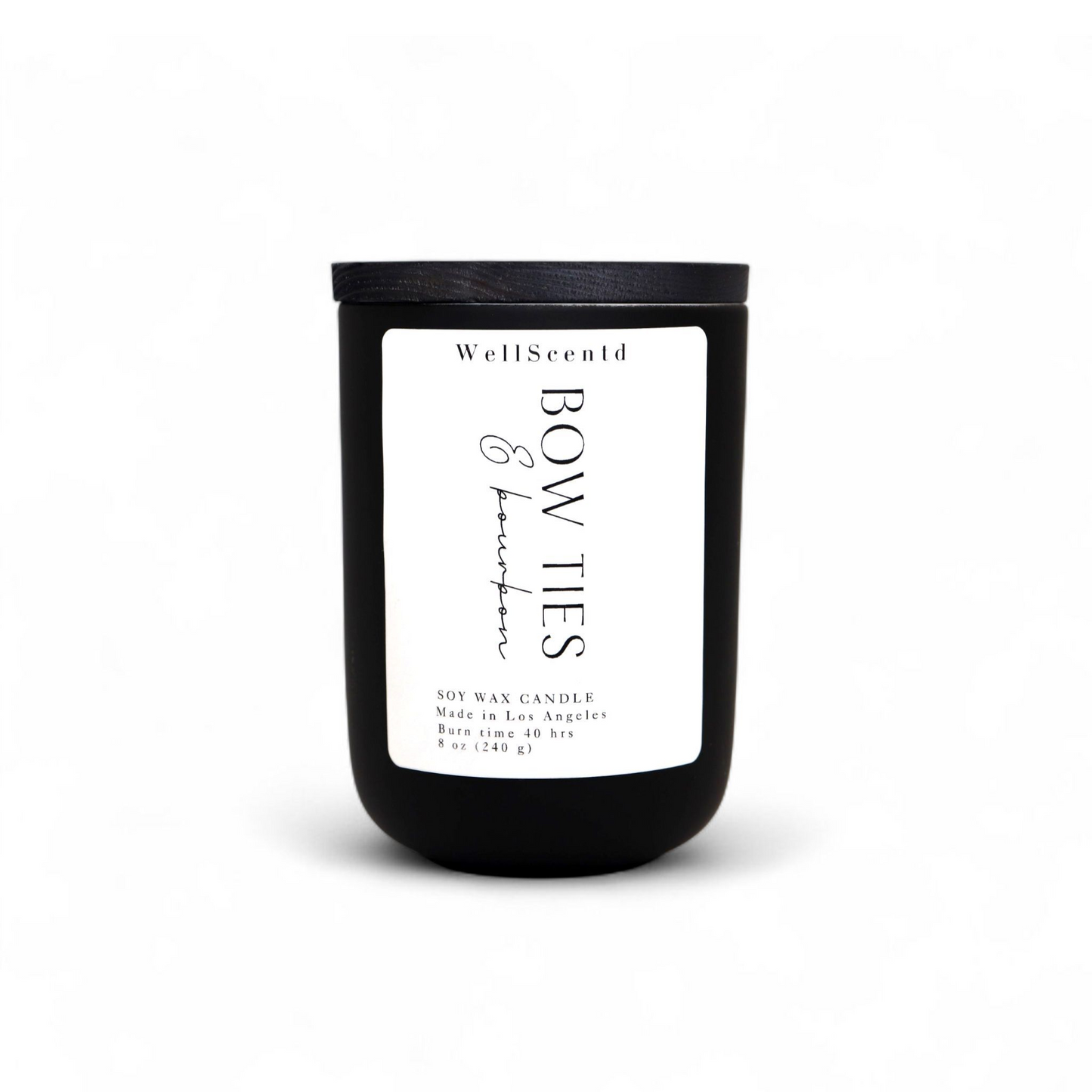 Wellscentd Bow Ties & Bourbon candle in matte black jar – 8oz soy wax, sophisticated masculine scent, clean white label, minimal product image on white background.