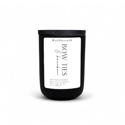 Wellscentd Bow Ties & Bourbon candle in matte black jar – 8oz soy wax, sophisticated masculine scent, clean white label, minimal product image on white background.