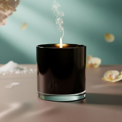 10 ounce Black candle in a glass jar with smoke on a blurred background